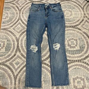 Anine Bing Blue Straight Leg Jeans with Distressed Details